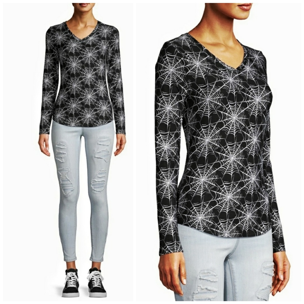 New Graphic Cobweb V Neck Fitted Knit Top Small Black White